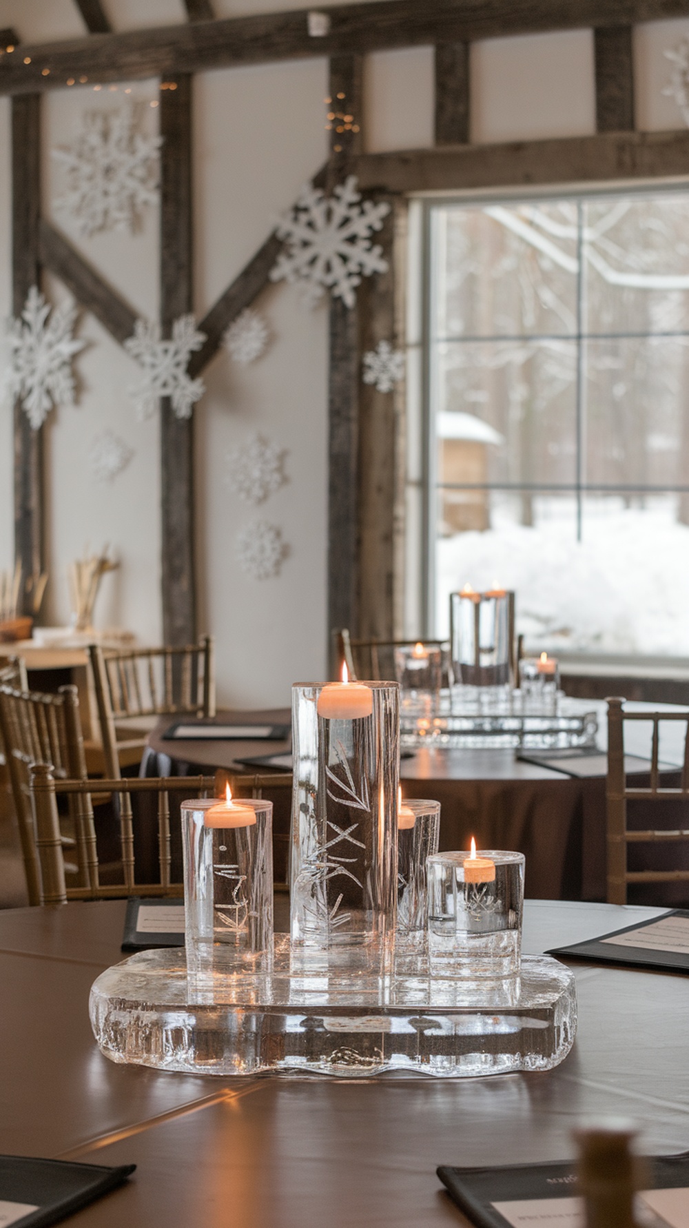 A beautifully arranged ice crystal centerpiece with candles, set in a cozy winter-themed room.