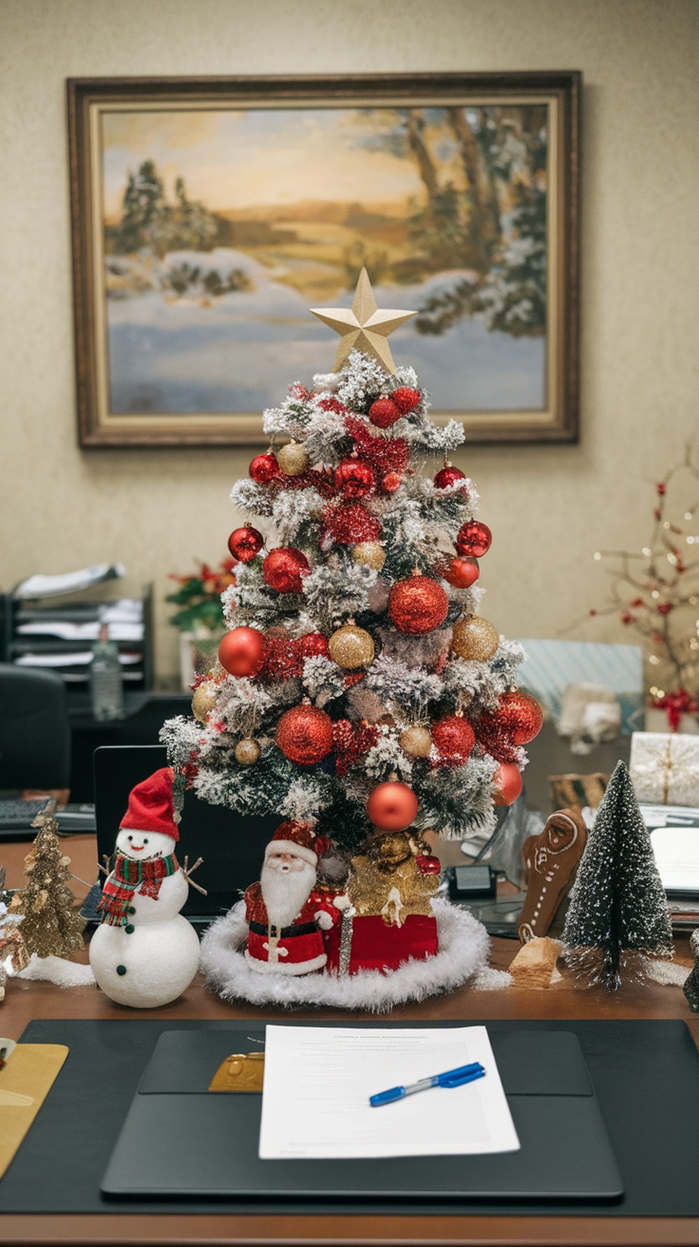 A festive miniature Christmas tree centerpiece with ornaments, surrounded by a snowman and other decorations on an office desk.
