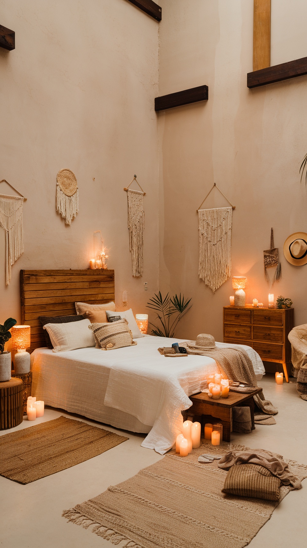 A cozy bohemian bedroom with layered lighting, featuring a chandelier and table lamps.