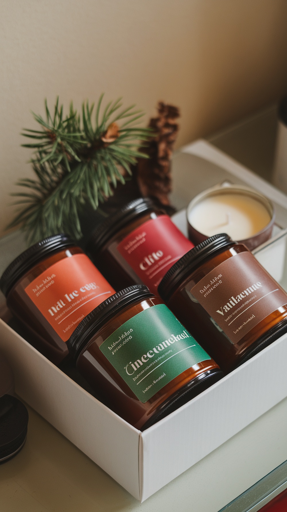 A selection of scented candles in winter scents, displayed in a box with pine branches and pinecones.