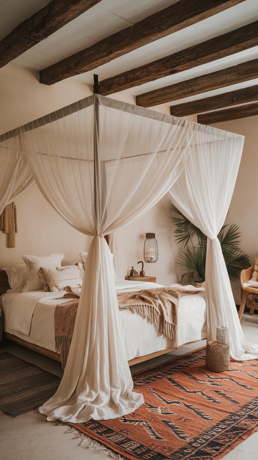 A cozy bohemian bedroom featuring a canopy bed with soft drapes and colorful bedding.