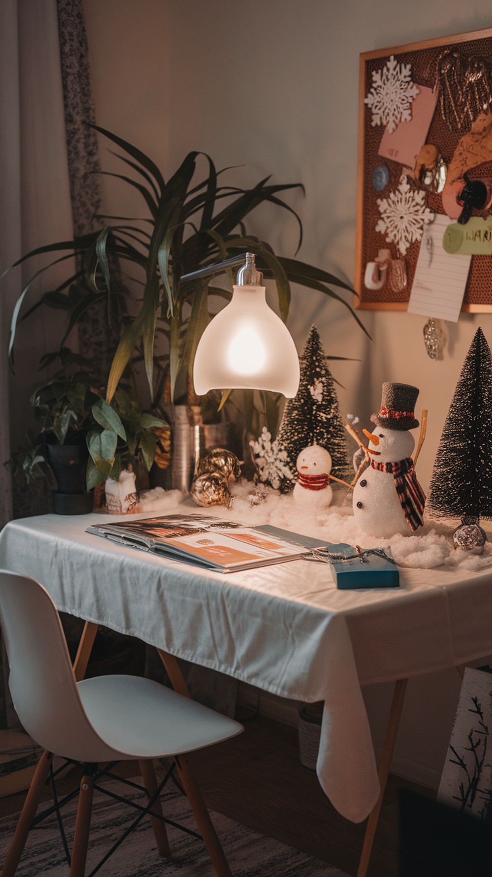 A frosted glass desk lamp illuminating a winter-themed workspace with a snowman and decorative trees.