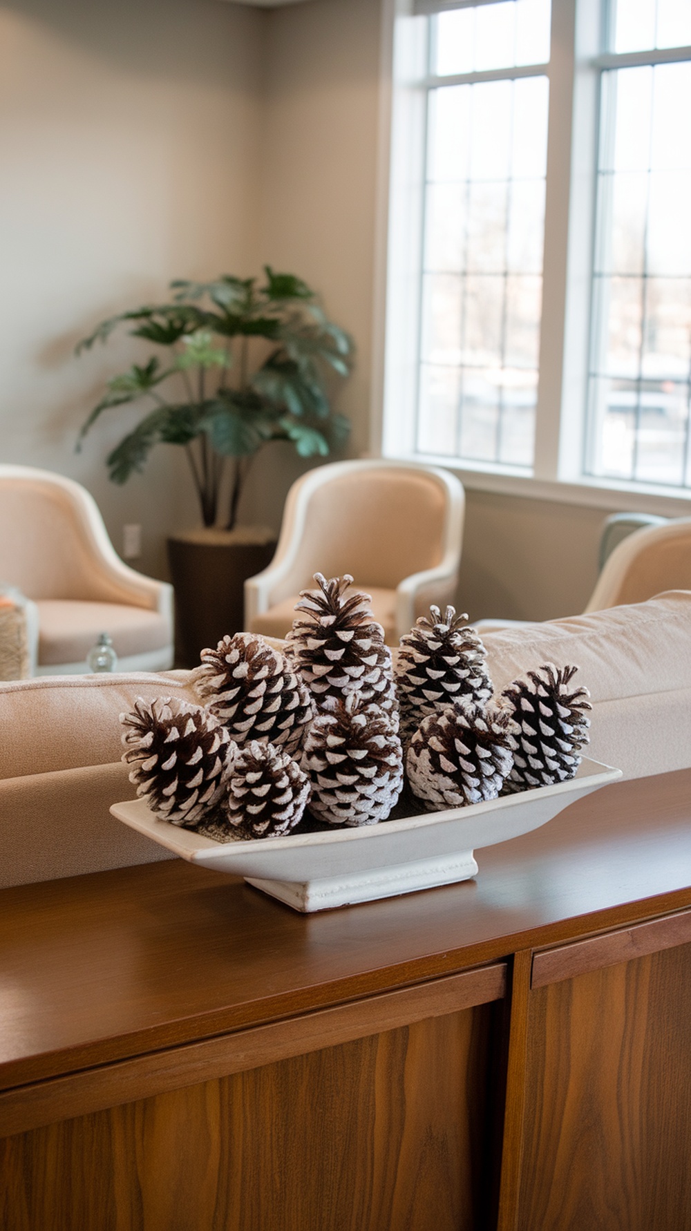 A decorative bowl filled with snowy pinecones arranged on a wooden surface in a cozy living space.