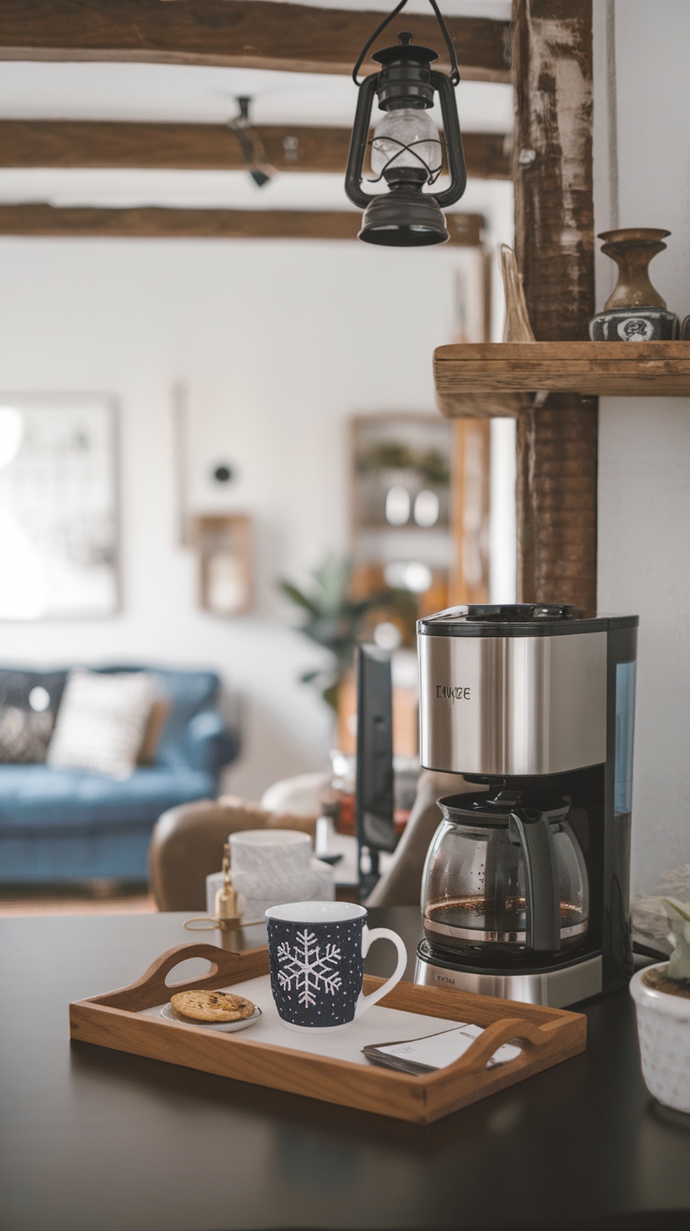 A warm beverage station featuring a coffee maker, a snowflake mug, and a cookie on a wooden tray.
