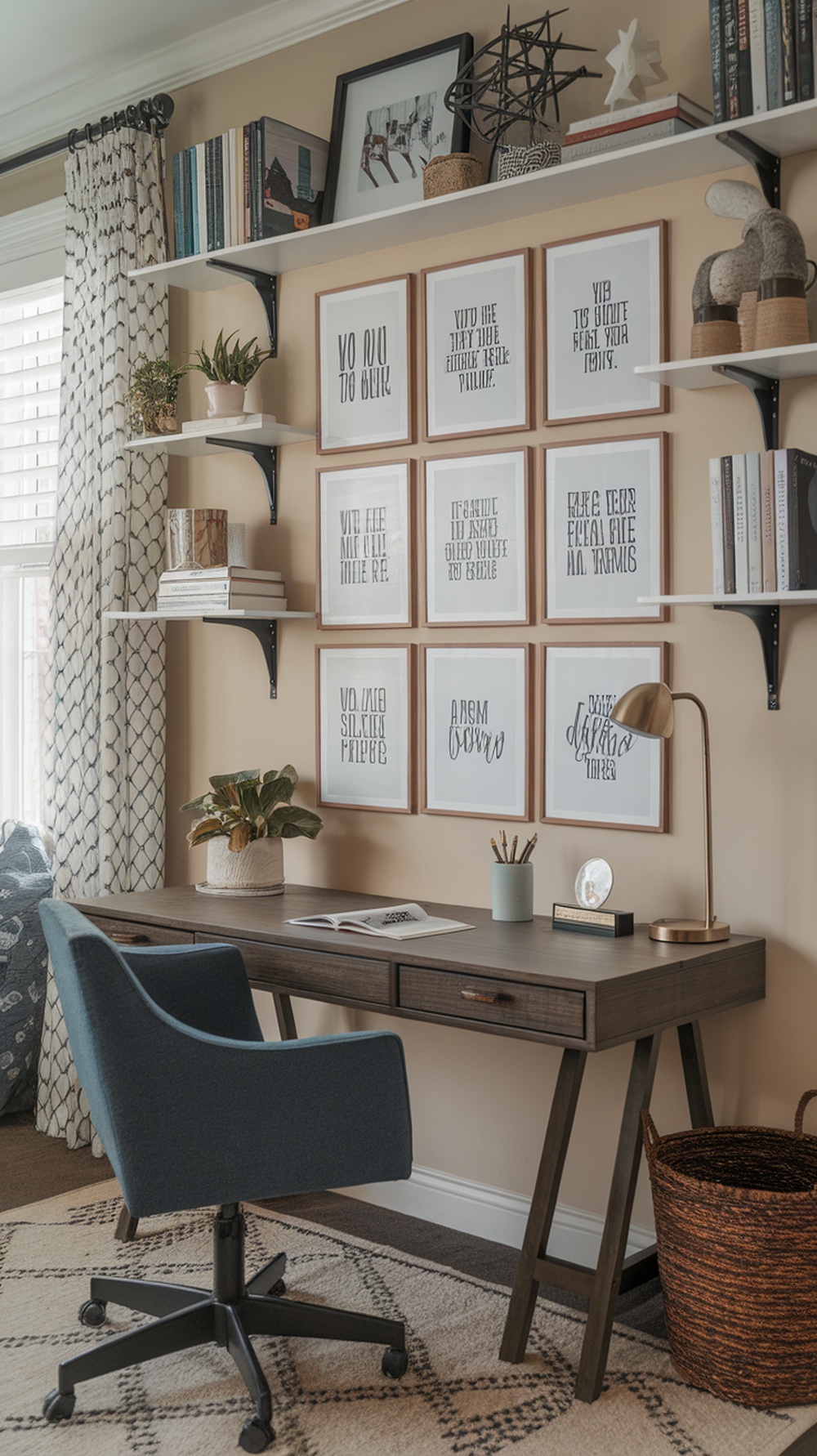 A home office with framed inspirational quotes on the wall, a desk with a lamp, and cozy decor elements.