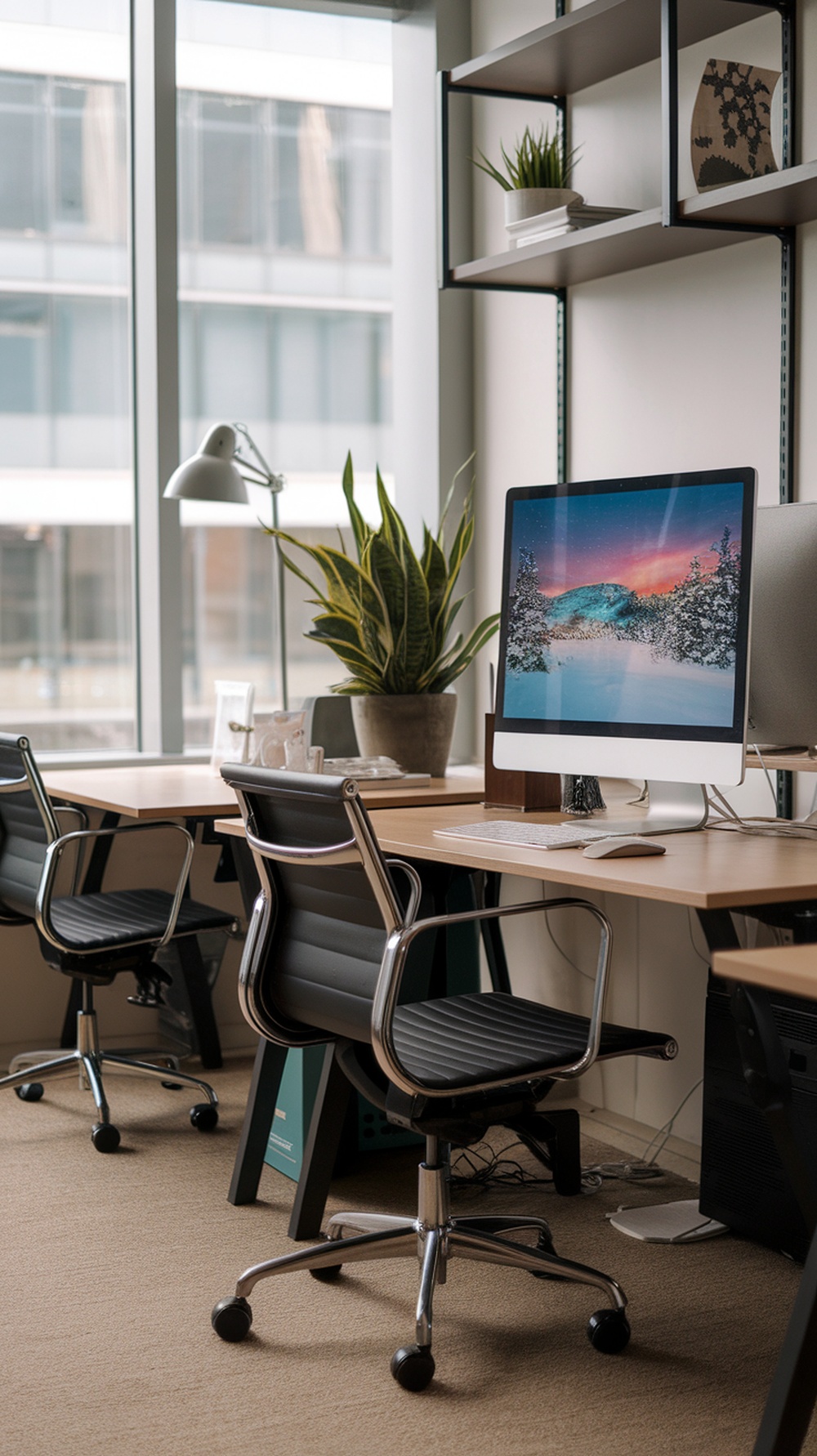 A modern office setup featuring a computer displaying a snowy landscape screensaver, with plants and stylish furniture.