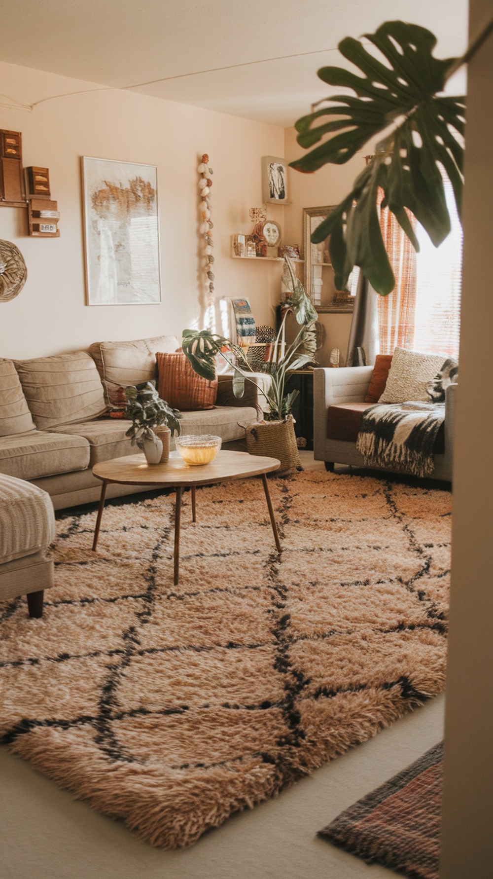 A cozy living room featuring a plush area rug, comfortable seating, and warm decor elements.