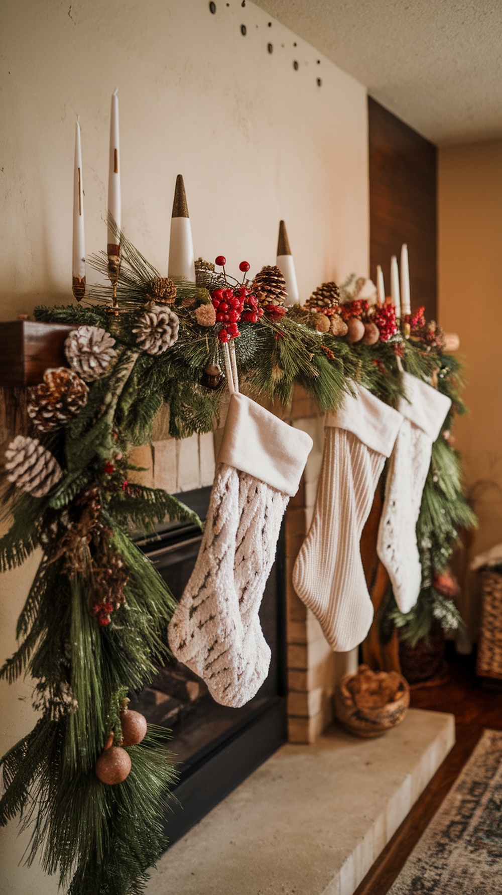 A beautifully decorated mantel with stockings, greenery, and pine cones, showcasing winter decor.