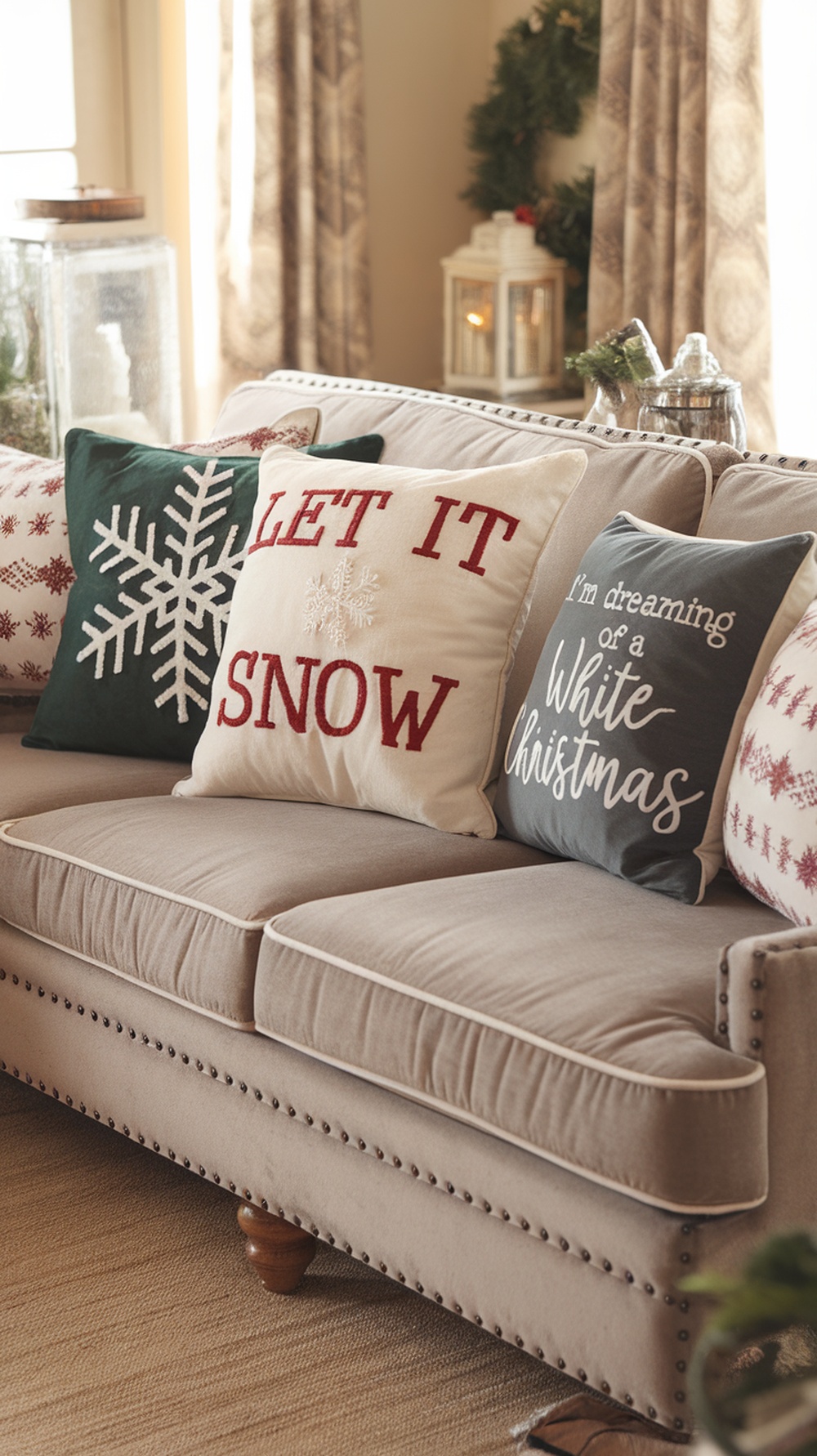 A cozy sofa adorned with seasonal throw pillows featuring winter quotes.