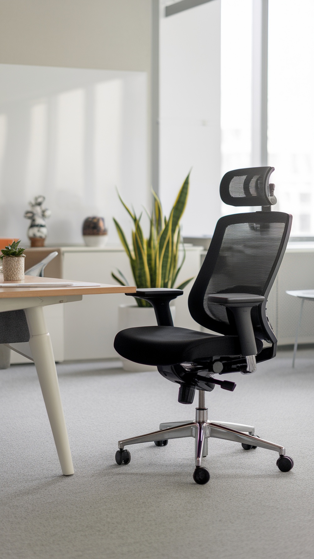 A comfortable black office chair with a mesh back, positioned next to a desk in a modern office setting.