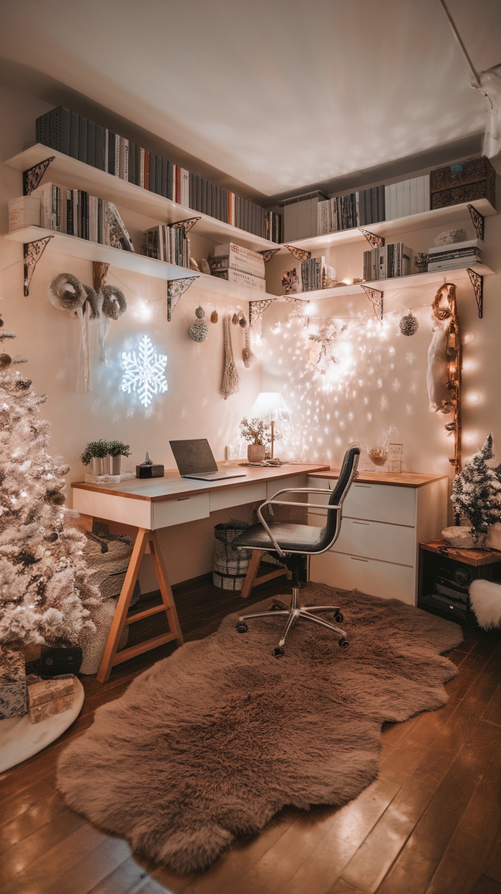 A cozy home office featuring a faux fur rug, decorated for winter with a Christmas tree and warm lighting.
