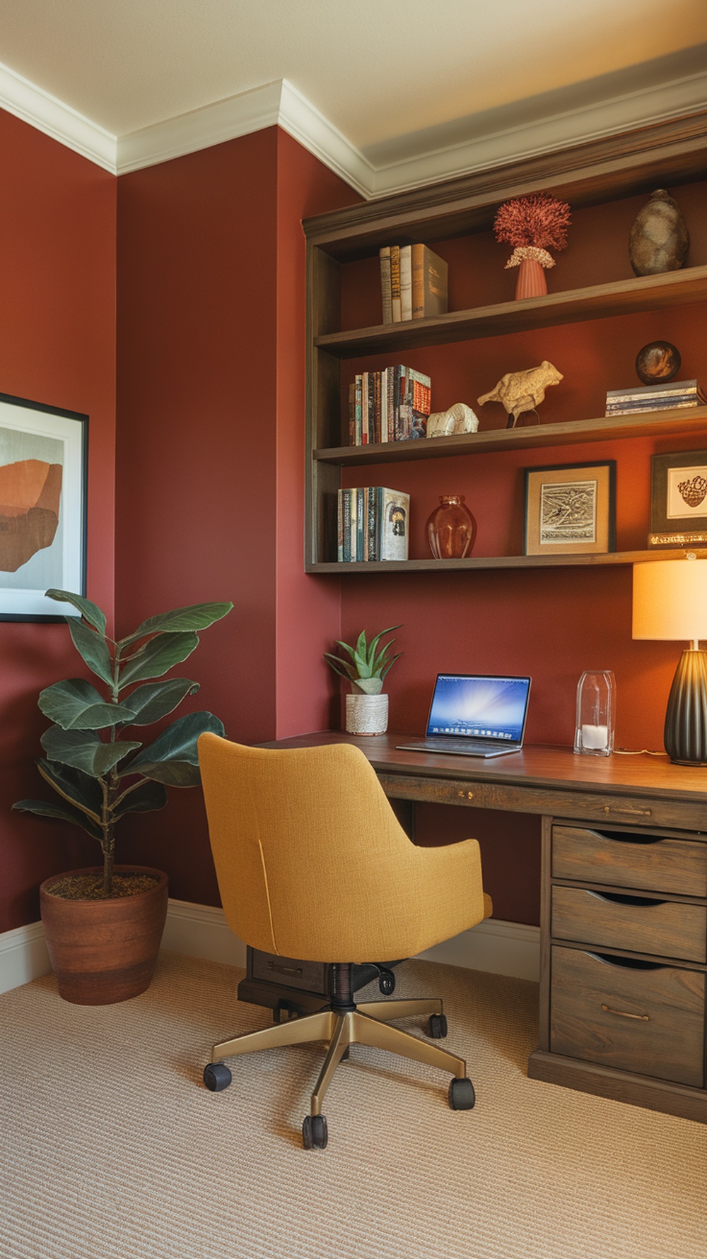 A cozy home office with warm color accents, featuring a red wall, mustard yellow accent, and stylish desk.