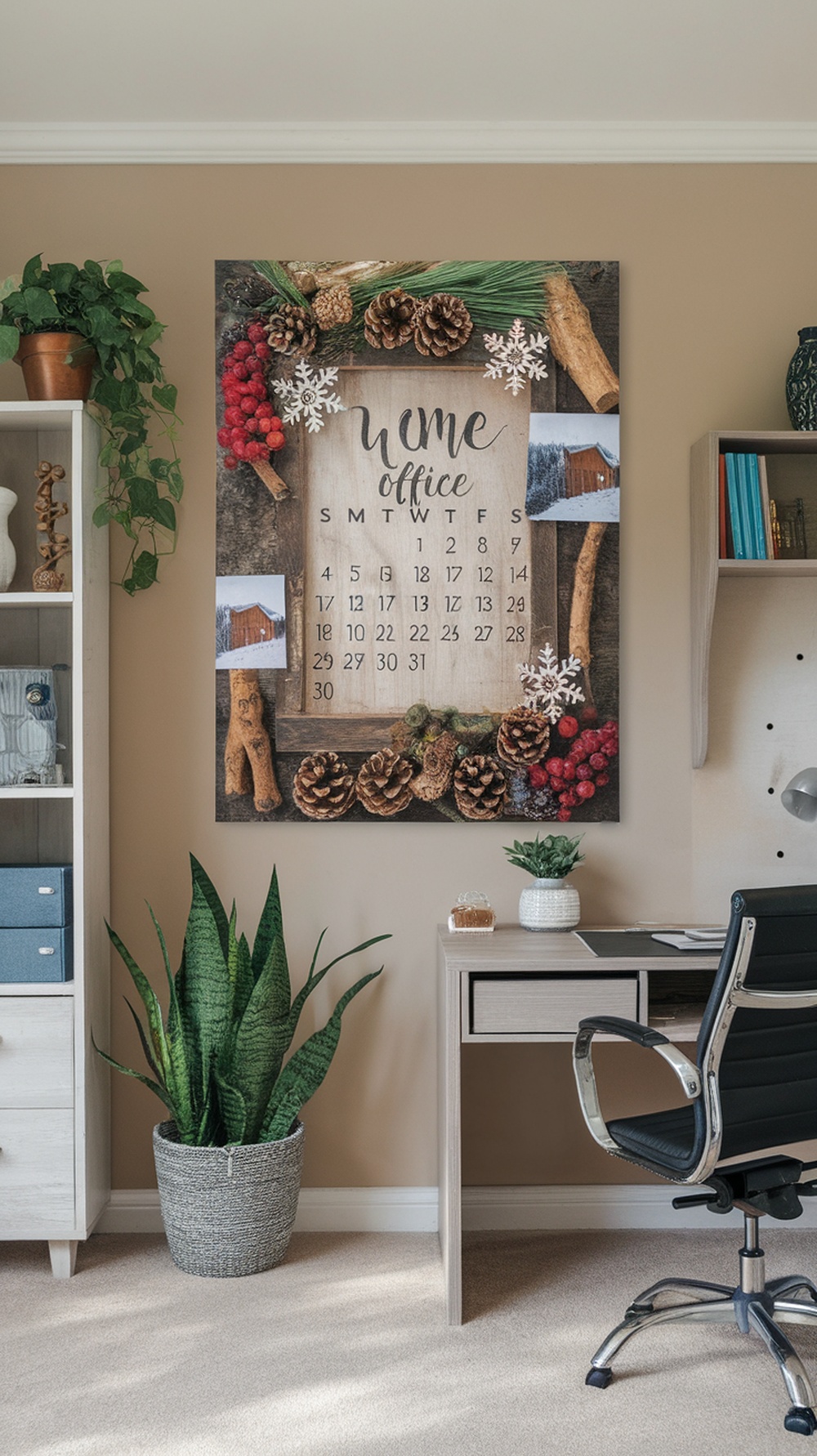 A winter-themed wall calendar featuring natural elements like pinecones and berries, displayed in a cozy home office.
