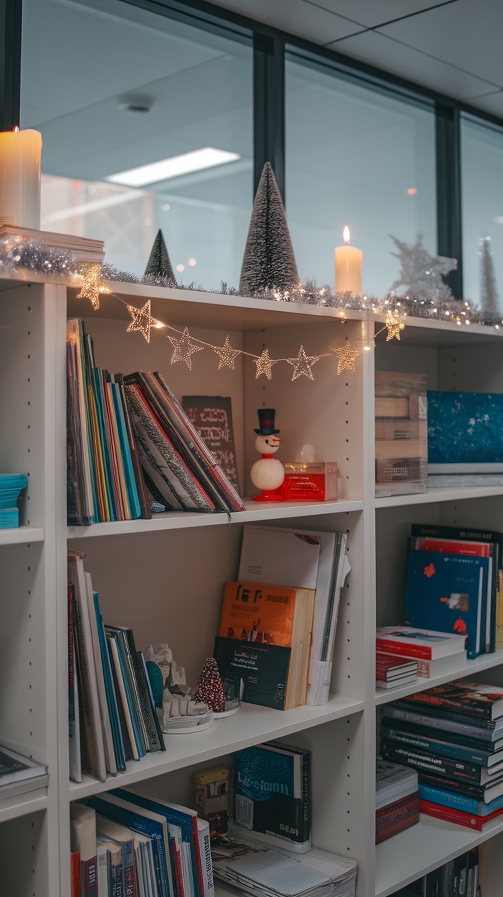 A cozy home office shelf decorated with a twinkling star garland, candles, and a snowman figure.