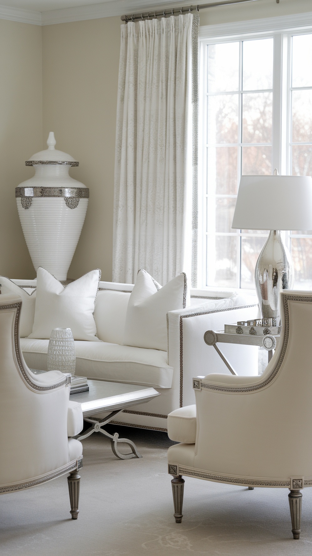 A cozy living room with a white sofa, silver accents, and large windows letting in natural light.
