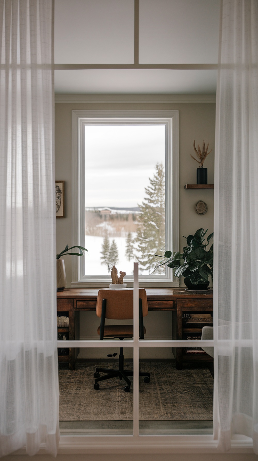 A cozy home office with a snowy window view, featuring a wooden desk, plants, and soft curtains.