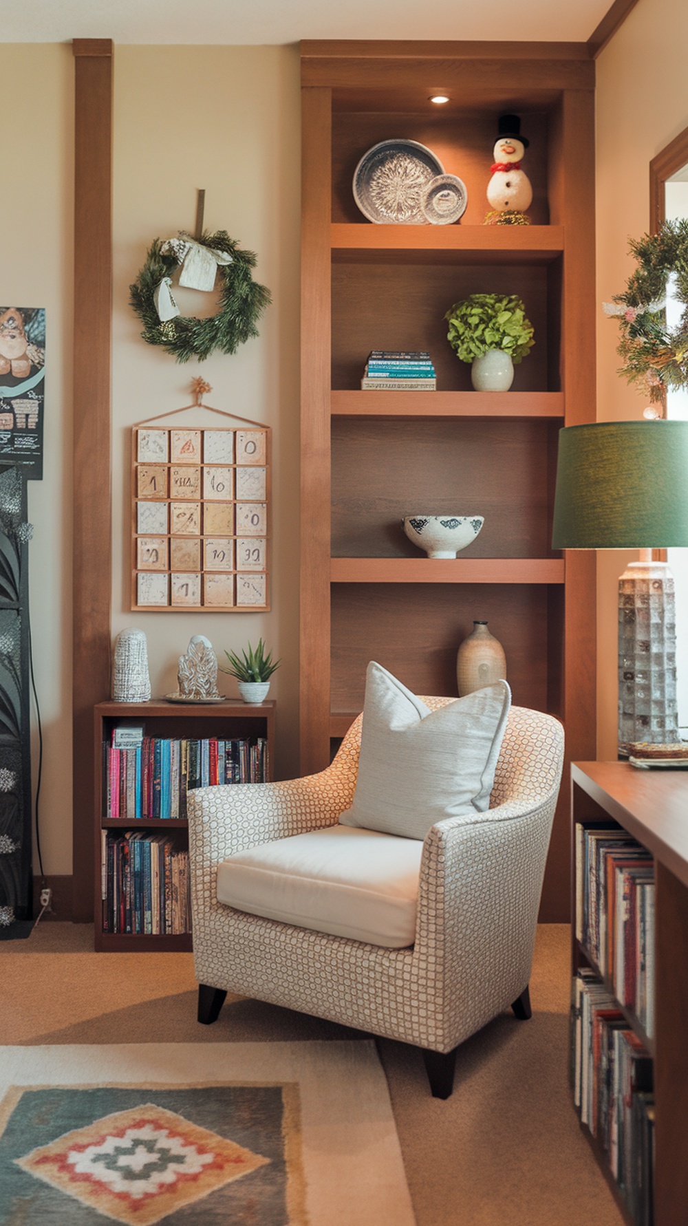 Cozy reading nook in a home office with a comfortable chair, bookshelves, and winter decor.