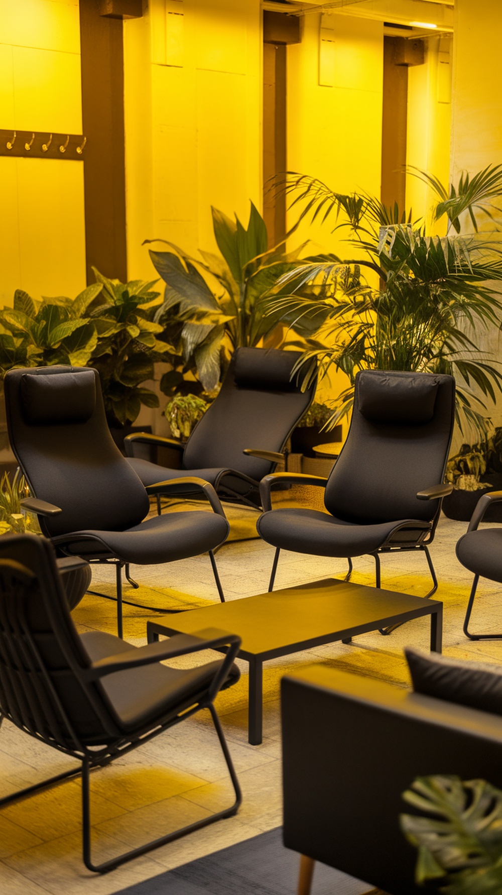 Cozy black lounge furniture in a break area surrounded by plants