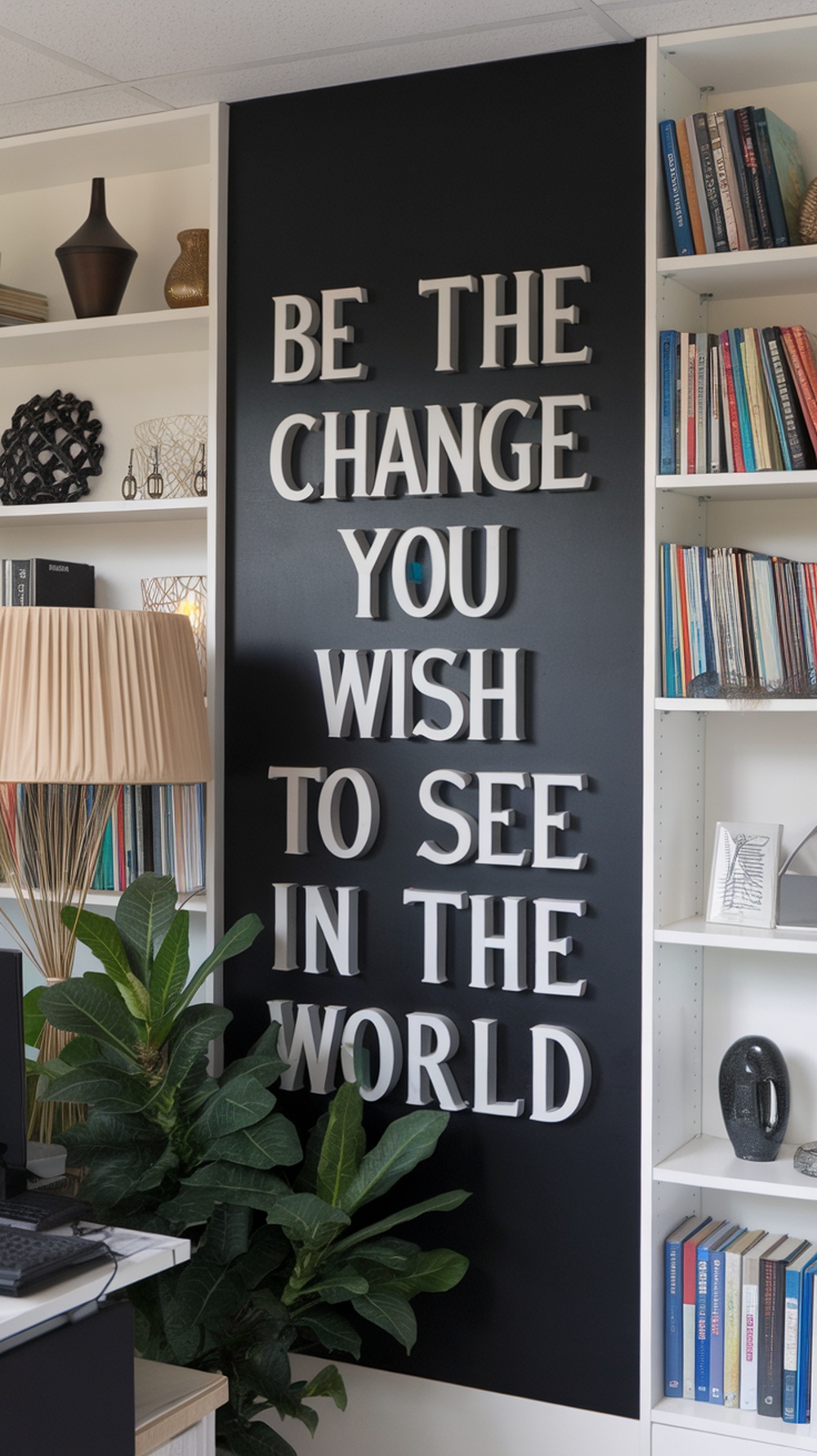 A stylish black wall with white lettering that reads 'BE THE CHANGE YOU WISH TO SEE IN THE WORLD' in an office setting.
