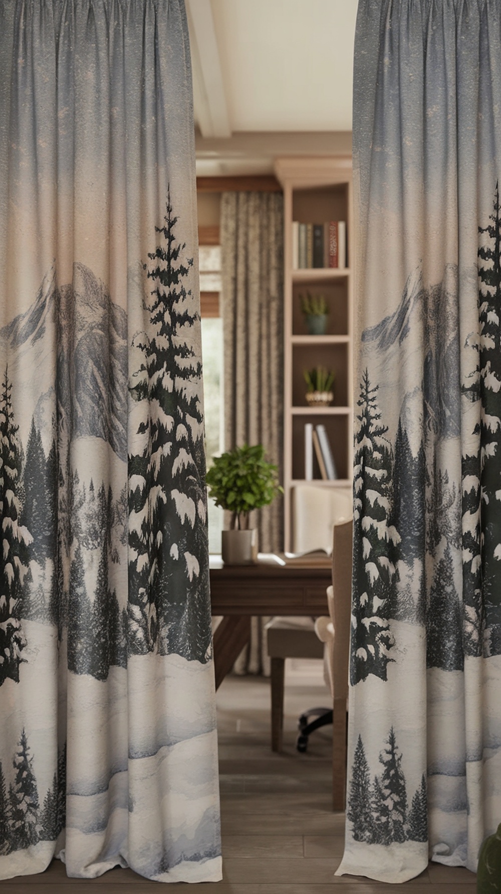 Chic winter curtains featuring a snowy mountain scene in a home office setting.