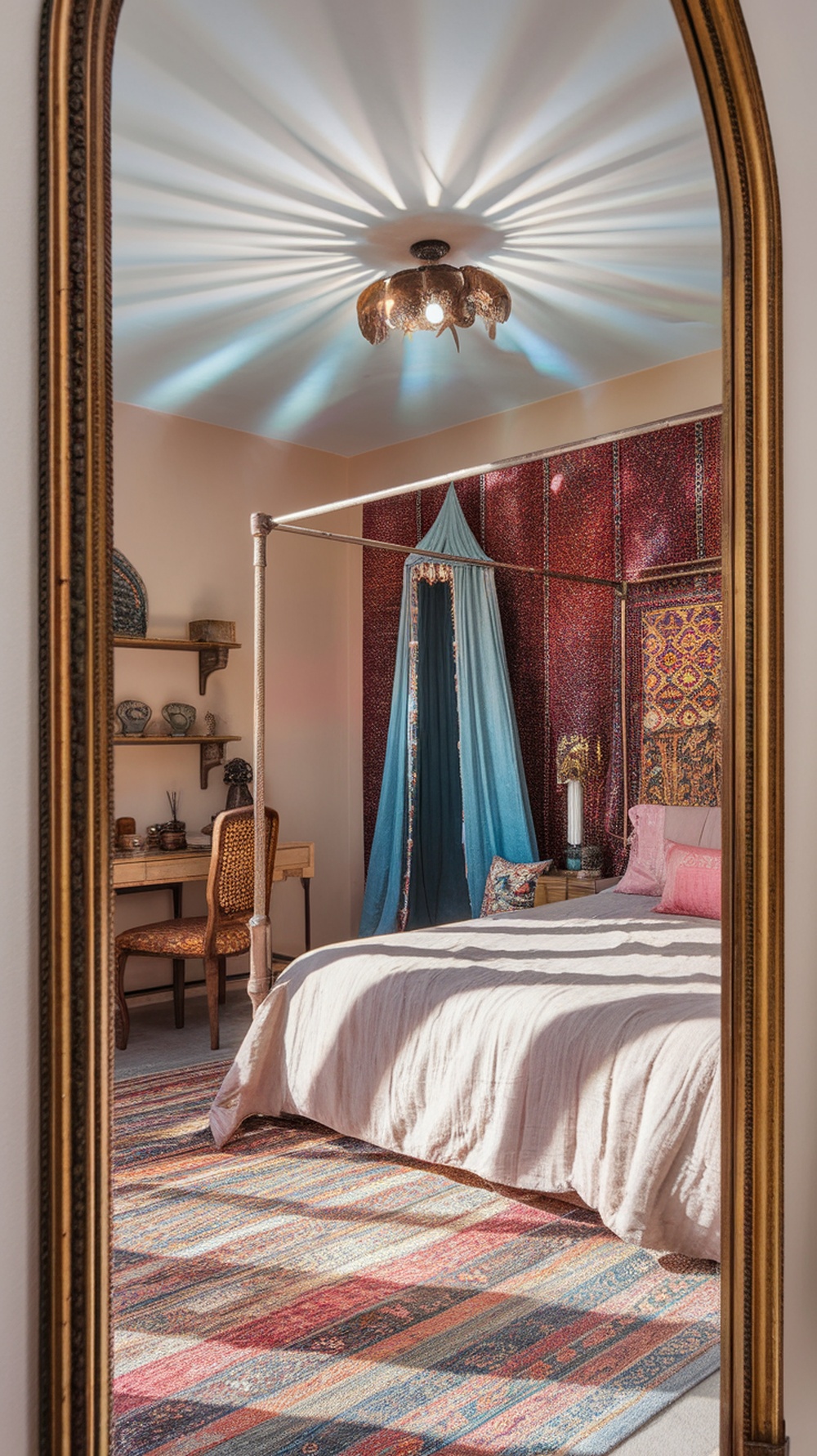 A vintage mirror reflecting a cozy bohemian bedroom with colorful decor.