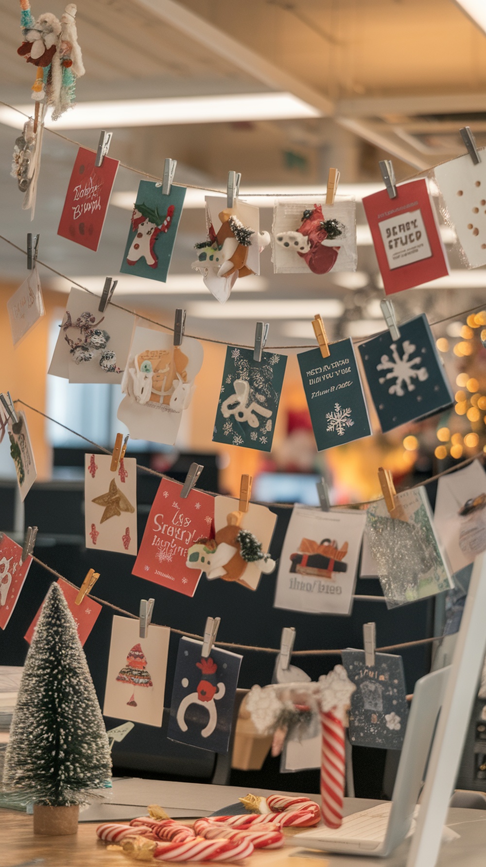 Colorful holiday cards displayed on a string with clothespins, alongside a small Christmas tree and candy canes.