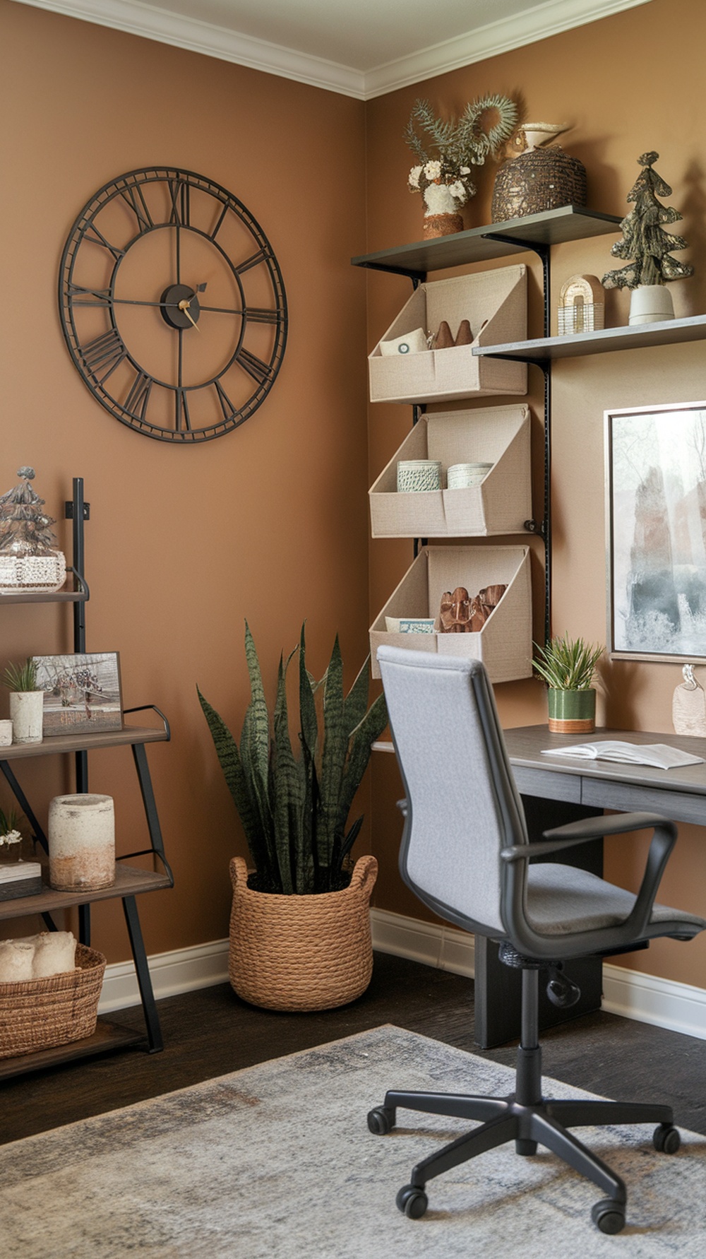 A cozy home office with brown walls, a clock, shelves, plants, and a desk, showcasing functional winter decor.