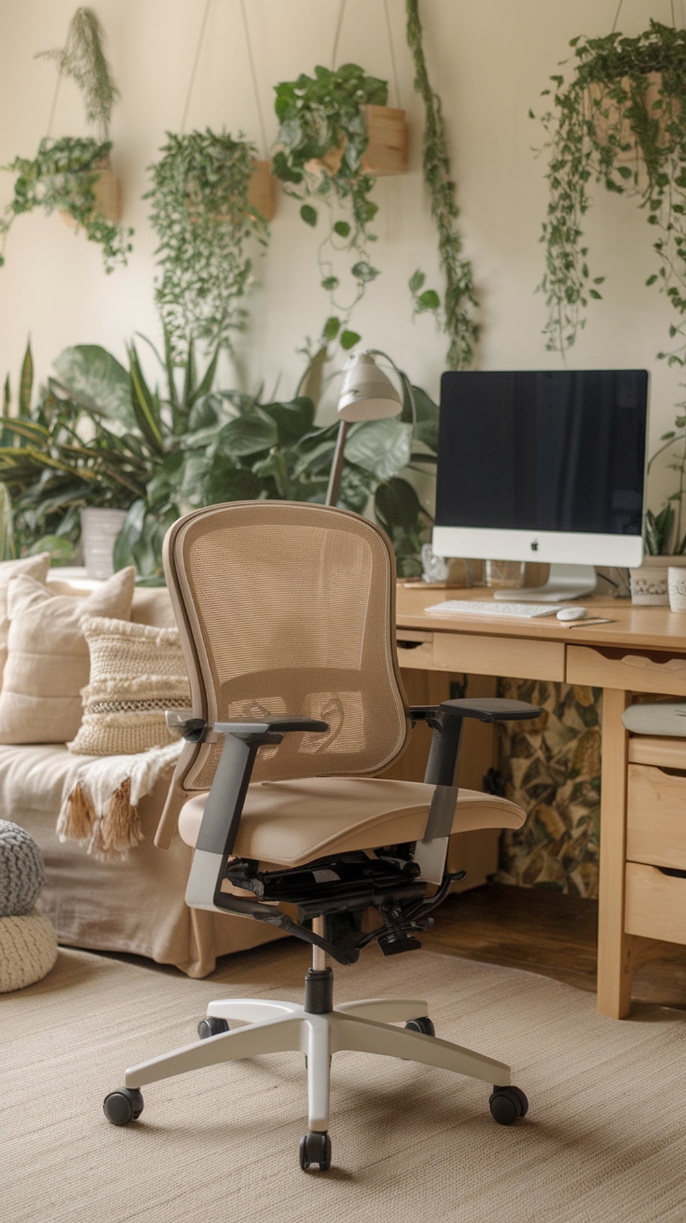 A cozy home office featuring a comfortable chair, knit pillows, and hanging plants.
