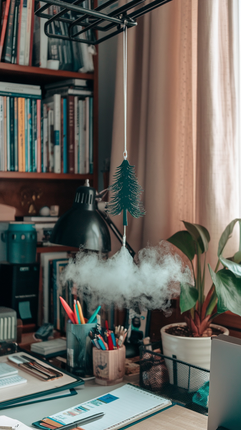 A cozy home office with a pine tree ornament hanging from a lamp, showcasing winter decorations.