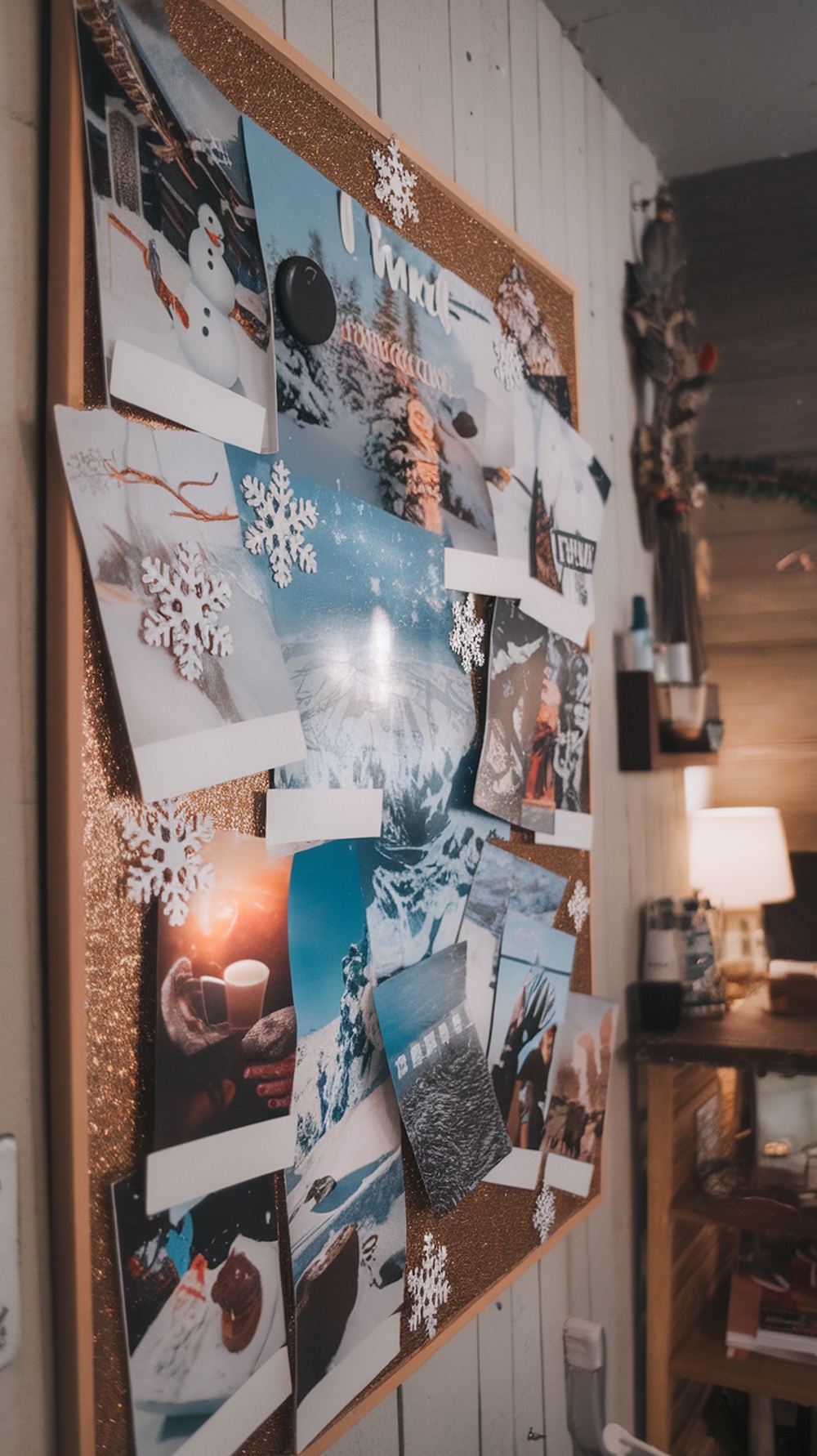A vision board filled with winter-themed images and decorations, including snowflakes and cozy winter scenes.