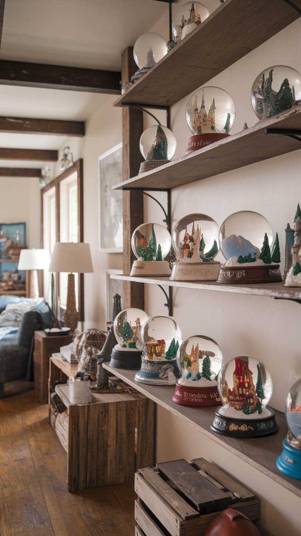 A collection of snow globes displayed on wooden shelves in a cozy living room setting.