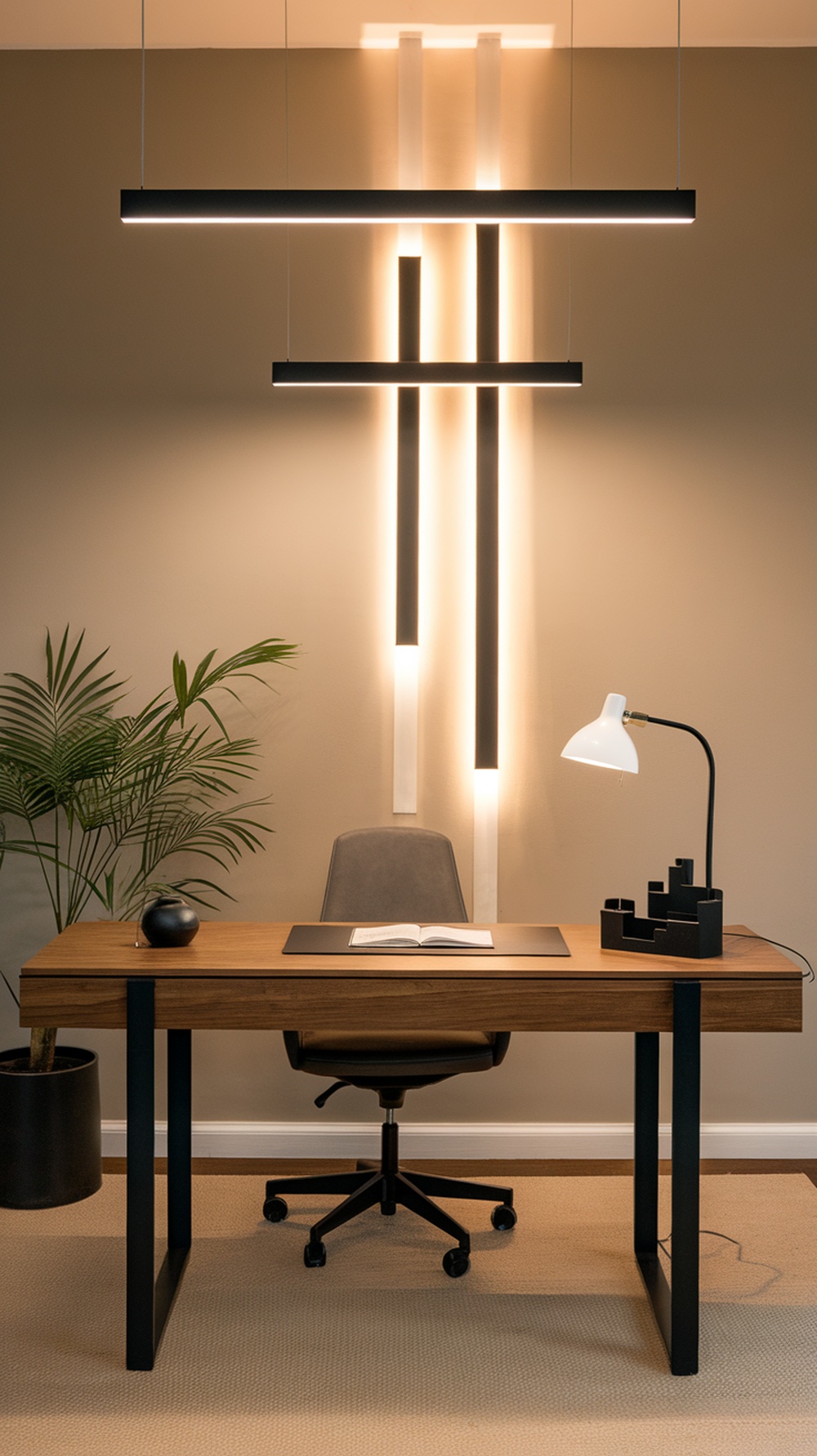 A sleek black lamp on a wooden desk in a dark office setting.