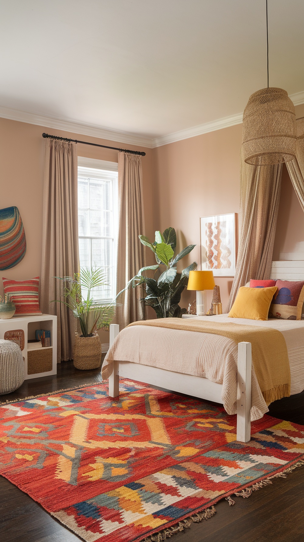 A vibrant orange bohemian bedroom featuring a four-poster bed, intricate tassels, and a cozy rug.
