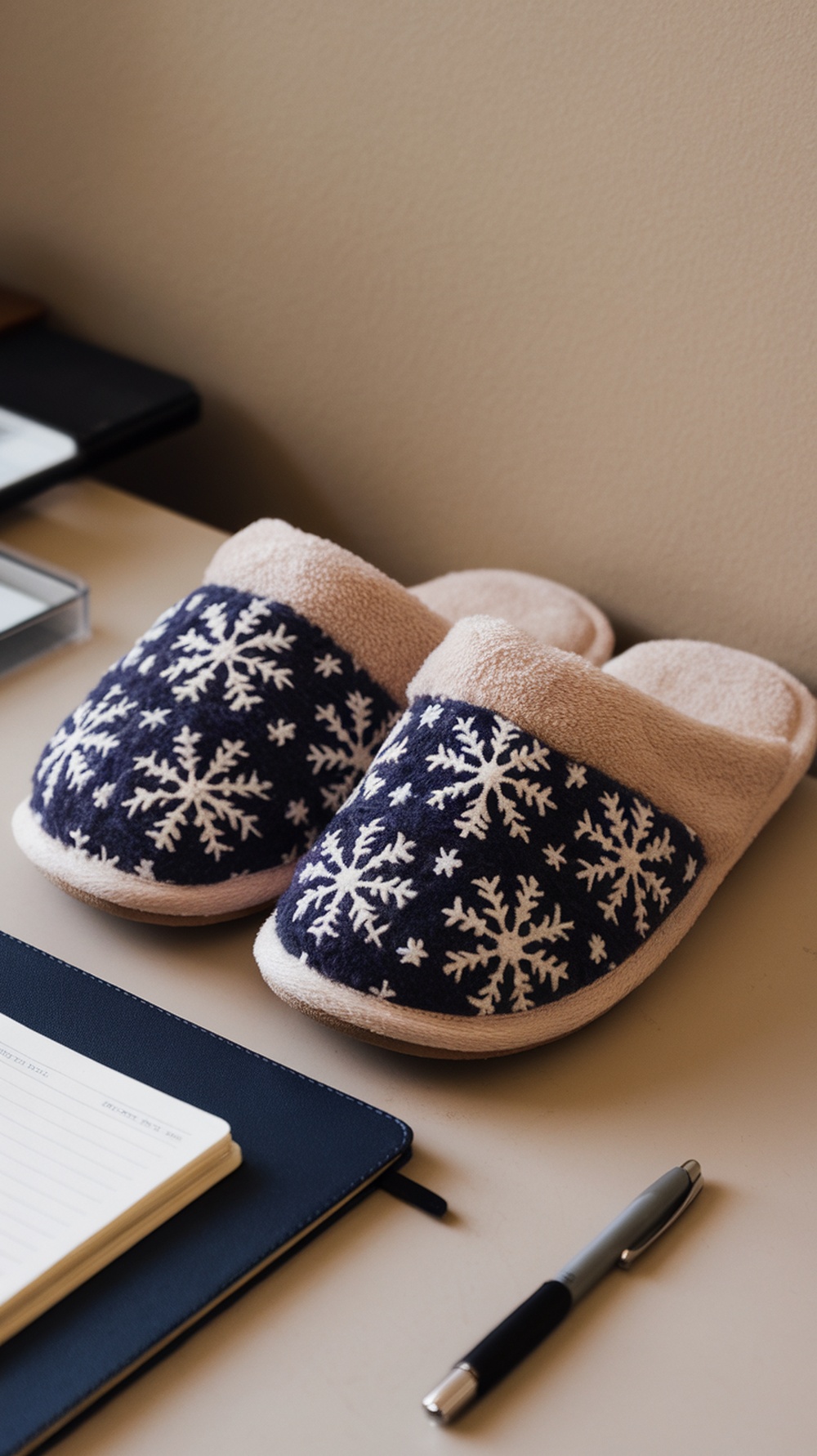 A pair of cozy slippers with snowflake design on a desk next to a notebook and pen.
