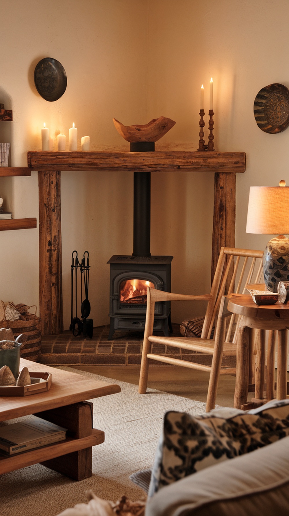 Cozy living room with rustic wood accents, featuring a wooden mantel, candles, and warm lighting.