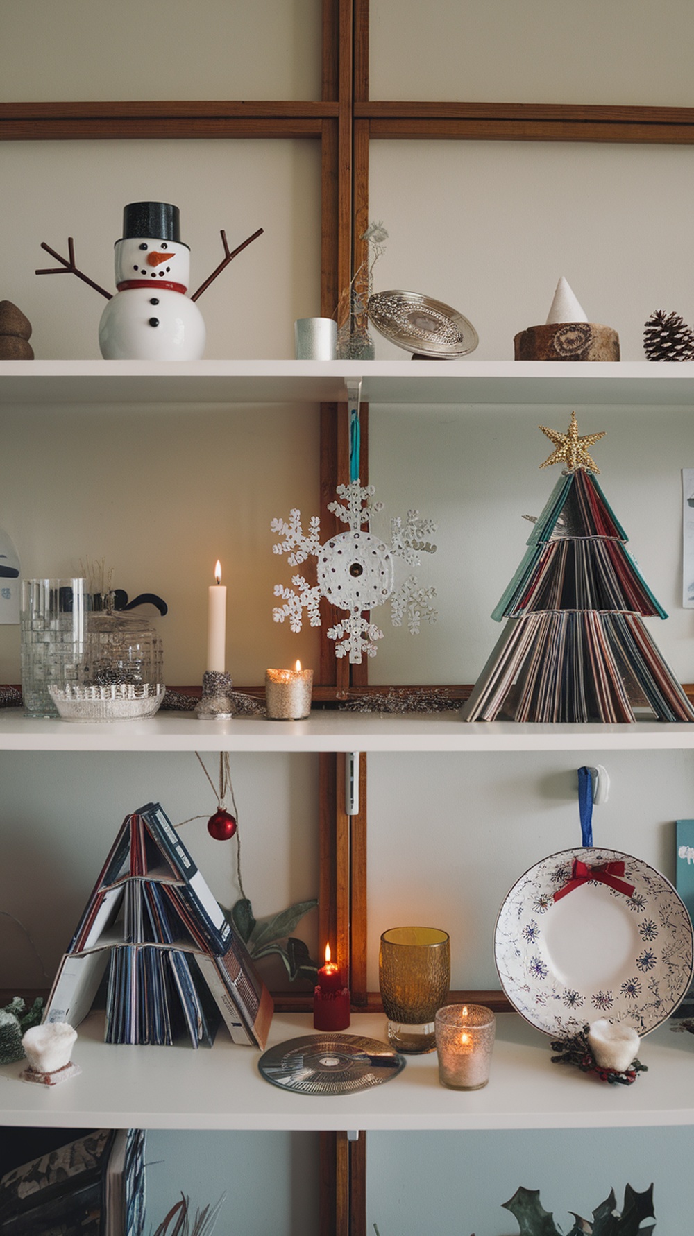 A shelf decorated with handmade winter crafts, including a snowman, candles, and a book tree.
