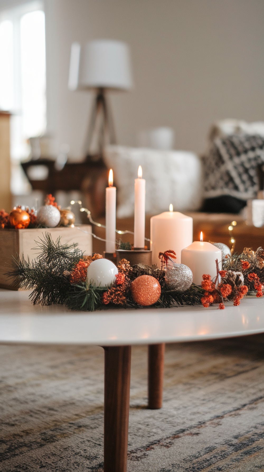 A cozy winter table setting with candles, ornaments, and greenery on a white table.