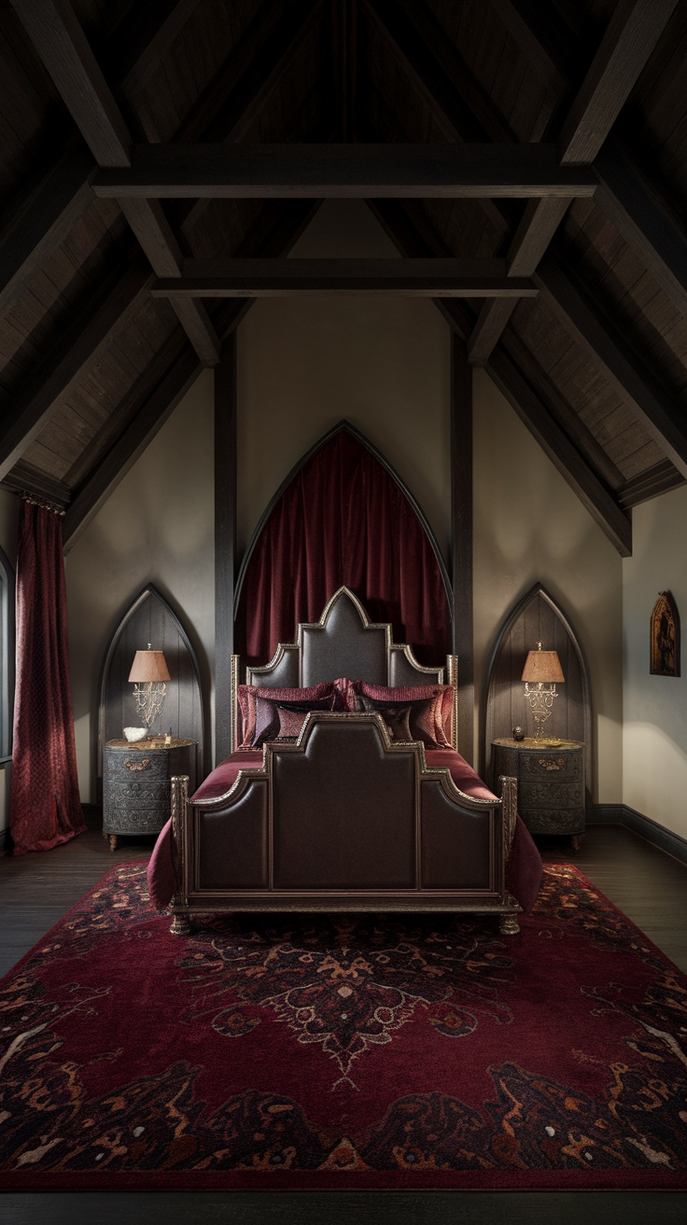 A gothic bedroom featuring dark red bedding and a patterned rug, showcasing a modern gothic aesthetic.