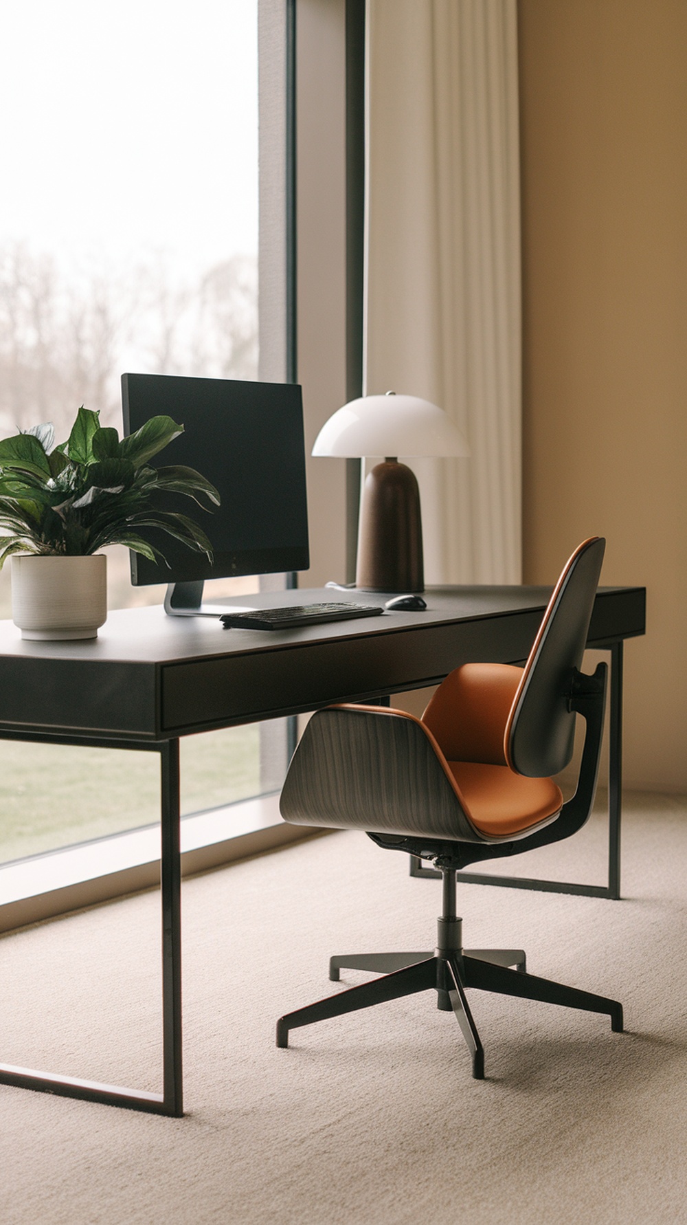 A modern black desk with an orange chair, computer, and lamp in a bright workspace.