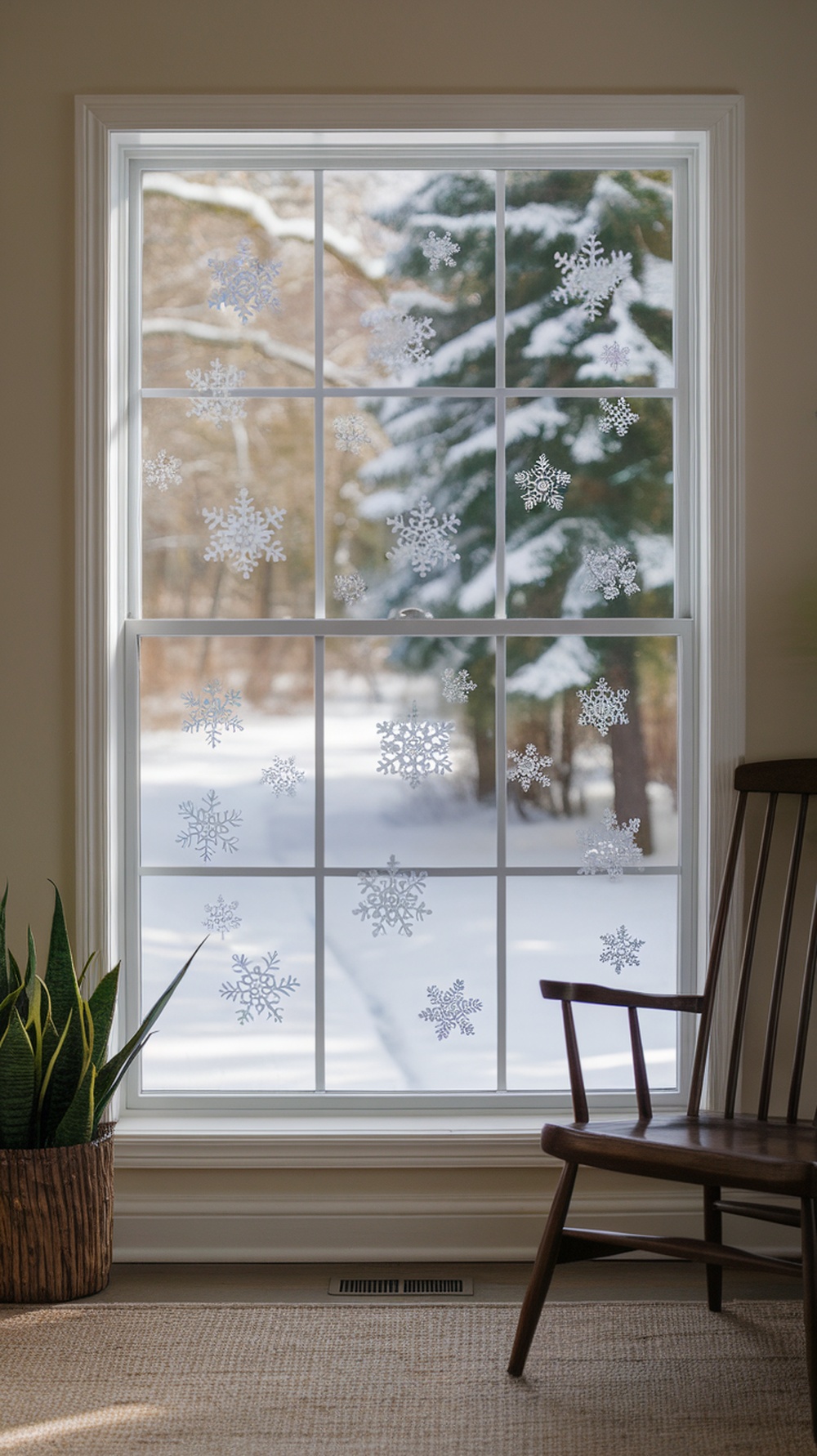 A window adorned with snowflake clings, showcasing a winter landscape outside.
