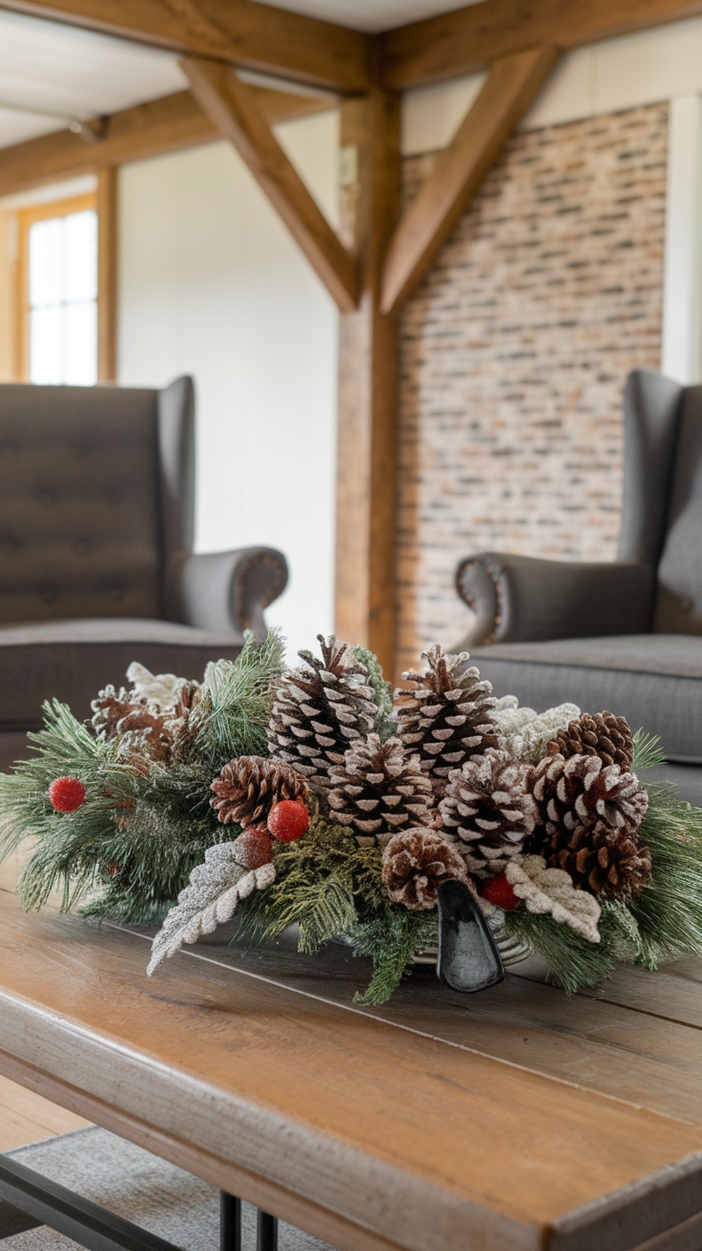 A frosted pinecone centerpiece with greenery and red berries on a wooden table in a cozy living room.