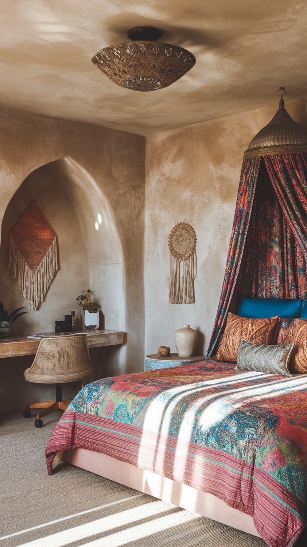 A cozy bohemian bedroom with textured walls, colorful bedding, and a stylish workspace.