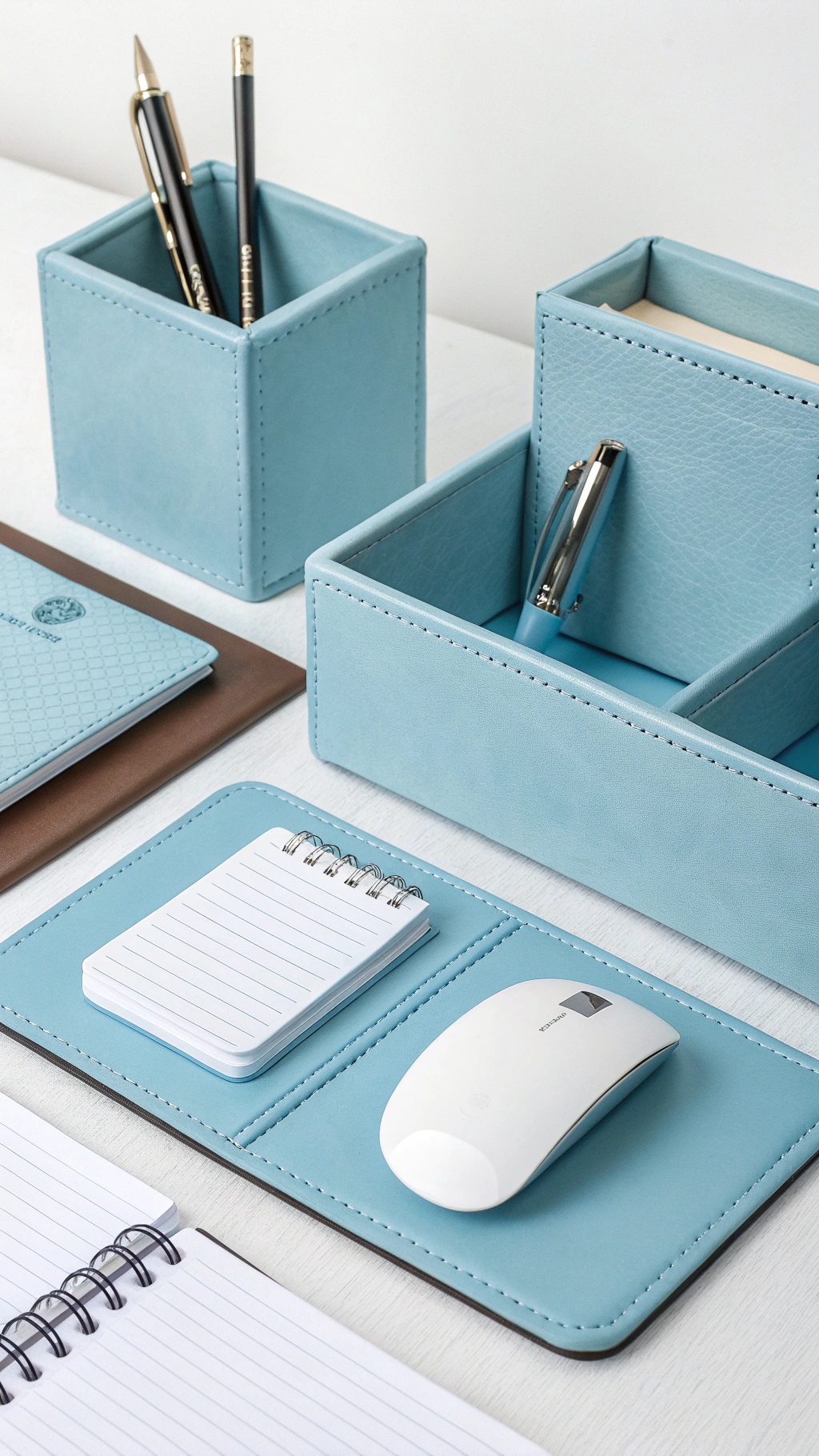 A stylish desk setup featuring icy blue desk accessories, including pen holders, a mouse pad, and a notepad, alongside a green plant.
