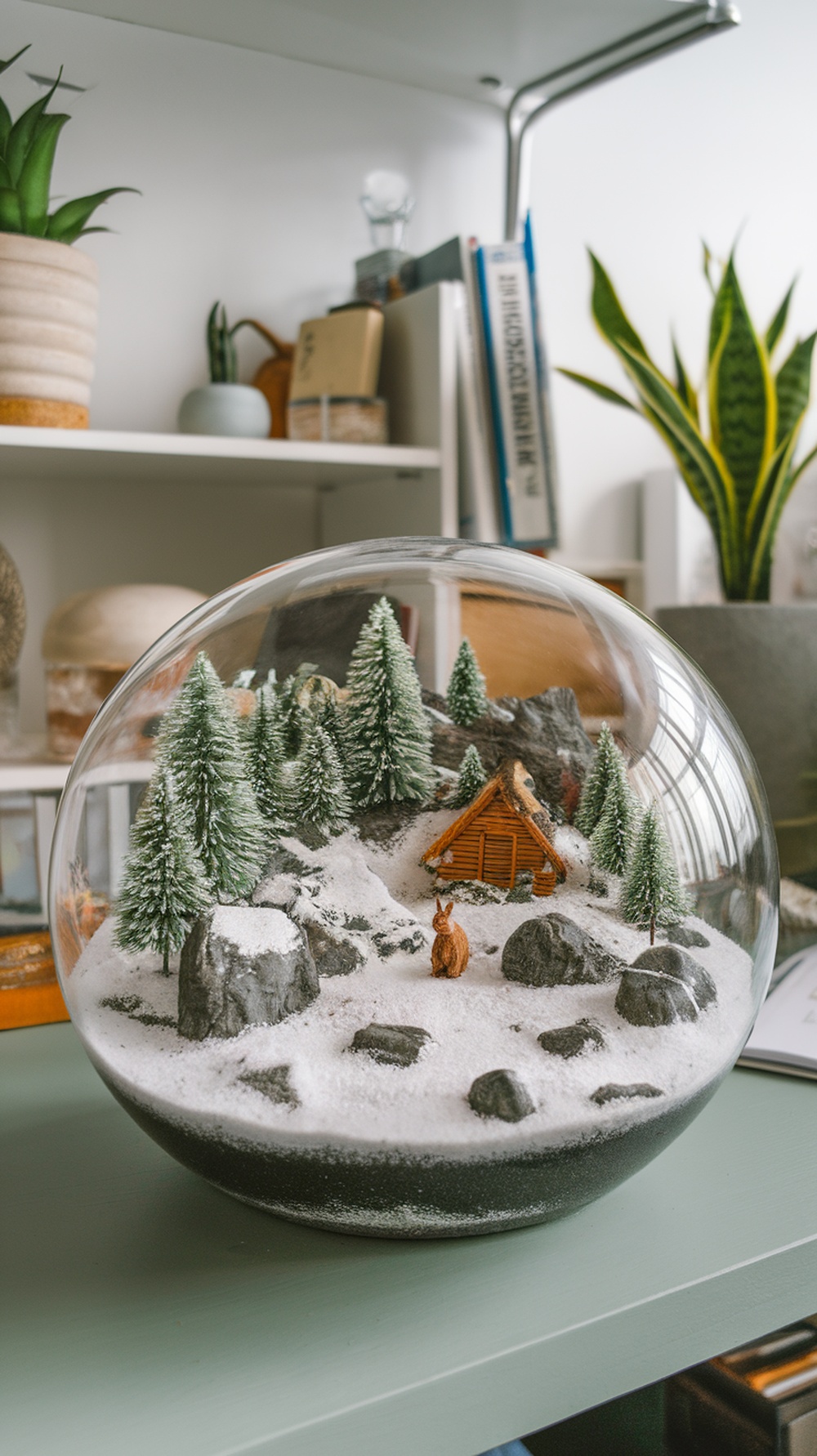 A snowy terrarium with miniature trees, rocks, and a cabin, surrounded by faux snow.