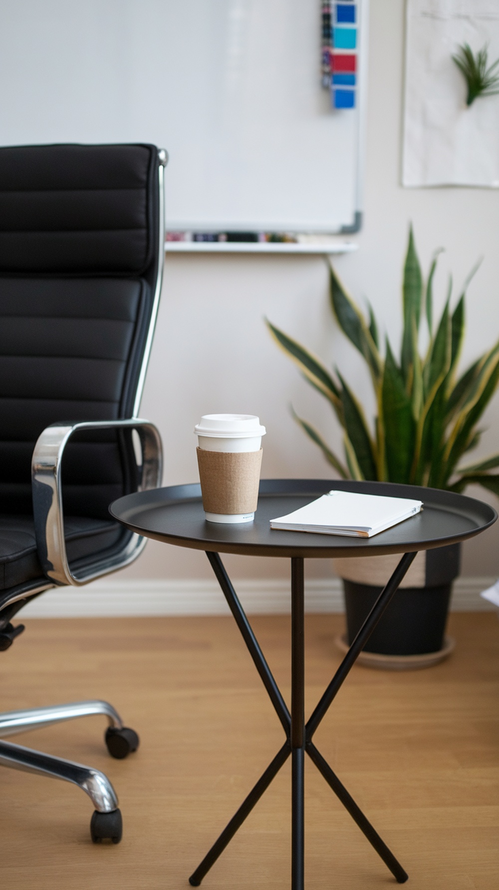 A modern black accent table surrounded by gray chairs, with a vase of greenery and coffee cups on the table.