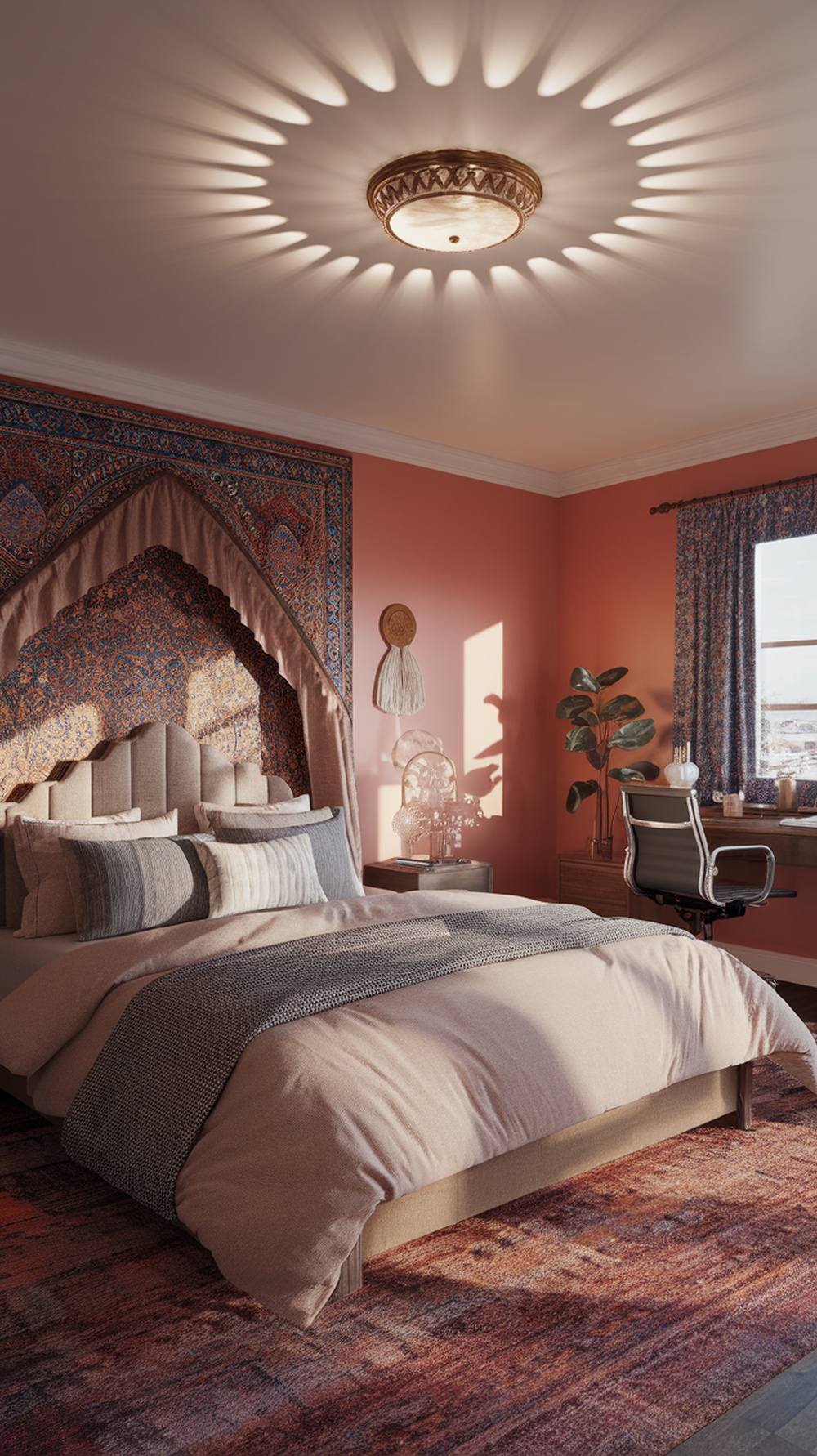 A cozy bohemian bedroom featuring a personalized gallery wall with a tapestry and decorative items.