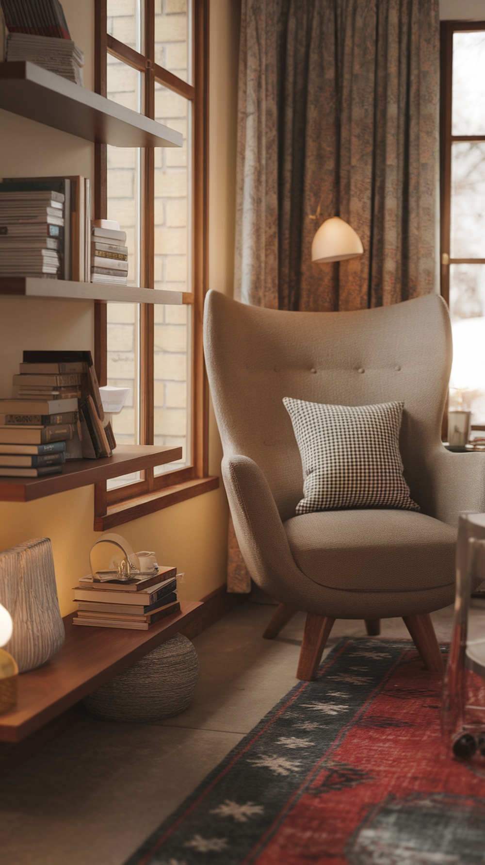 Cozy winter-themed book nook with a comfortable chair, bookshelves, and warm decor