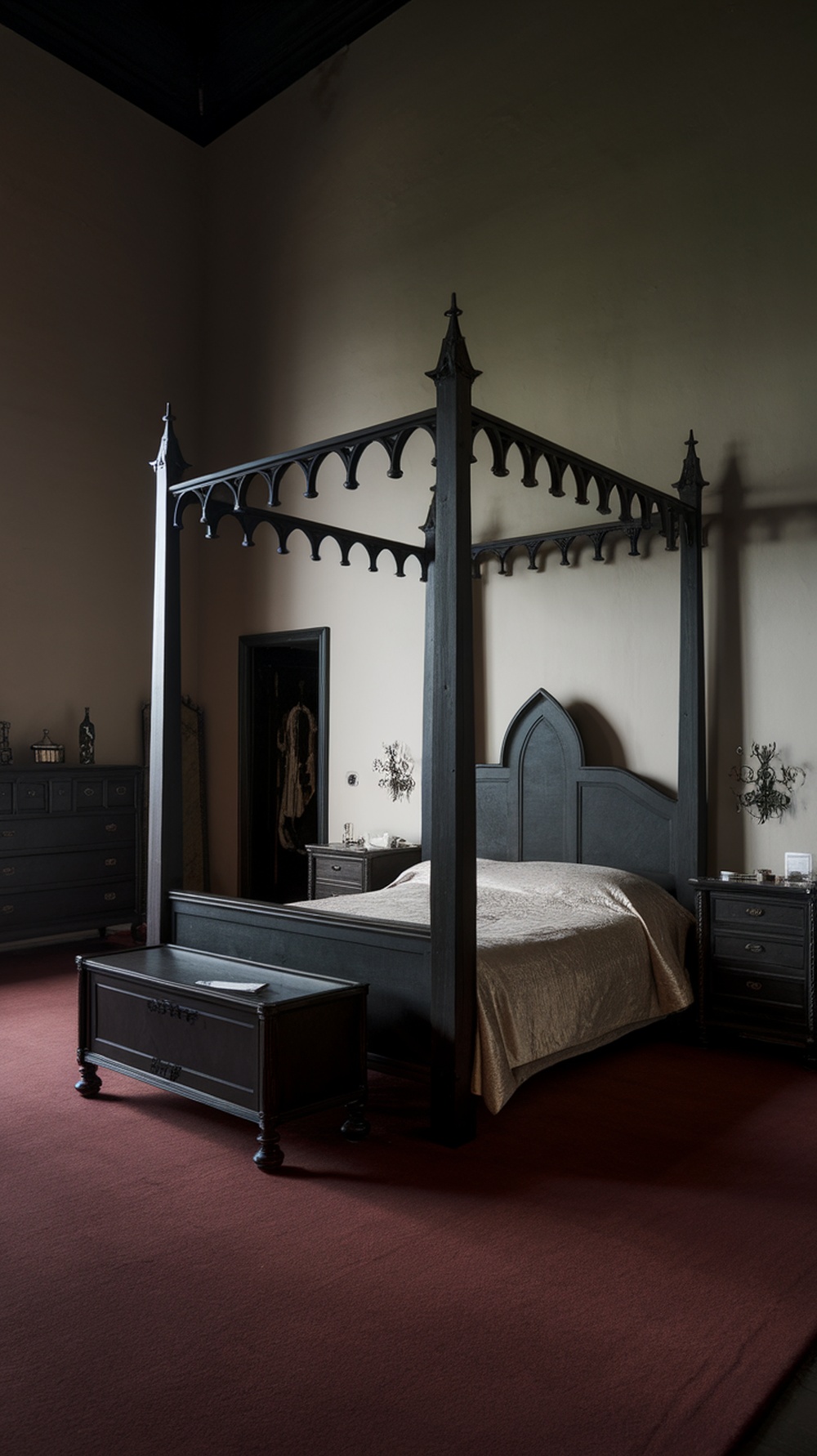 A gothic bedroom featuring a dark wood four-poster bed with intricate designs and matching furniture.