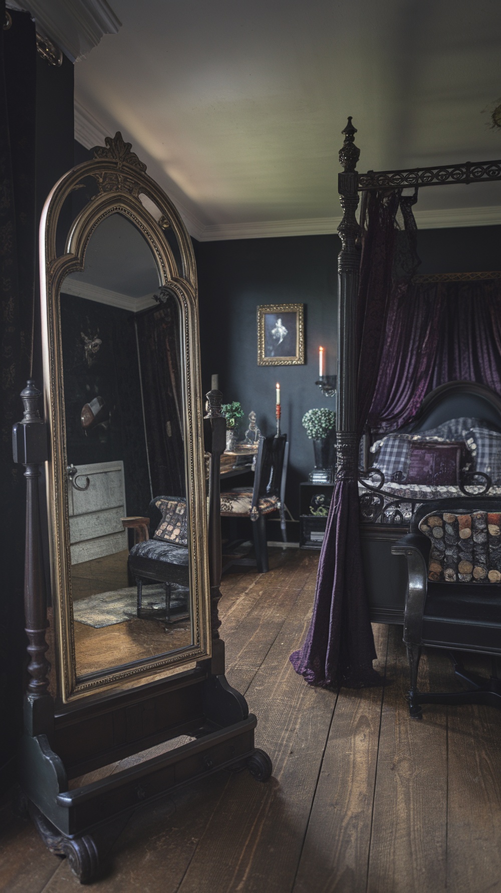A vintage mirror in a gothic bedroom with dark walls and elegant decor.