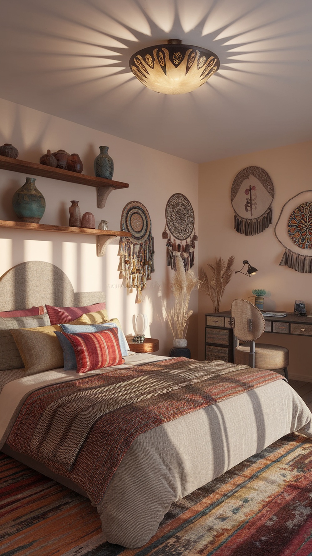 A cozy bohemian bedroom featuring handmade pottery decor, colorful textiles, and earthy tones.